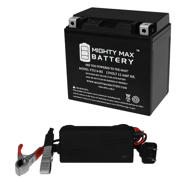 Mighty Max Battery YTX14-BS Replacement Battery for DieHard BTX14-BS With 12V 1Amp Charger MAX3952728